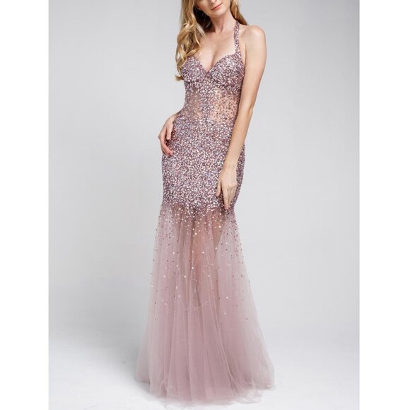 Mauve Sequin & Rhinestone Halter Prom Formal Evening Dress 4